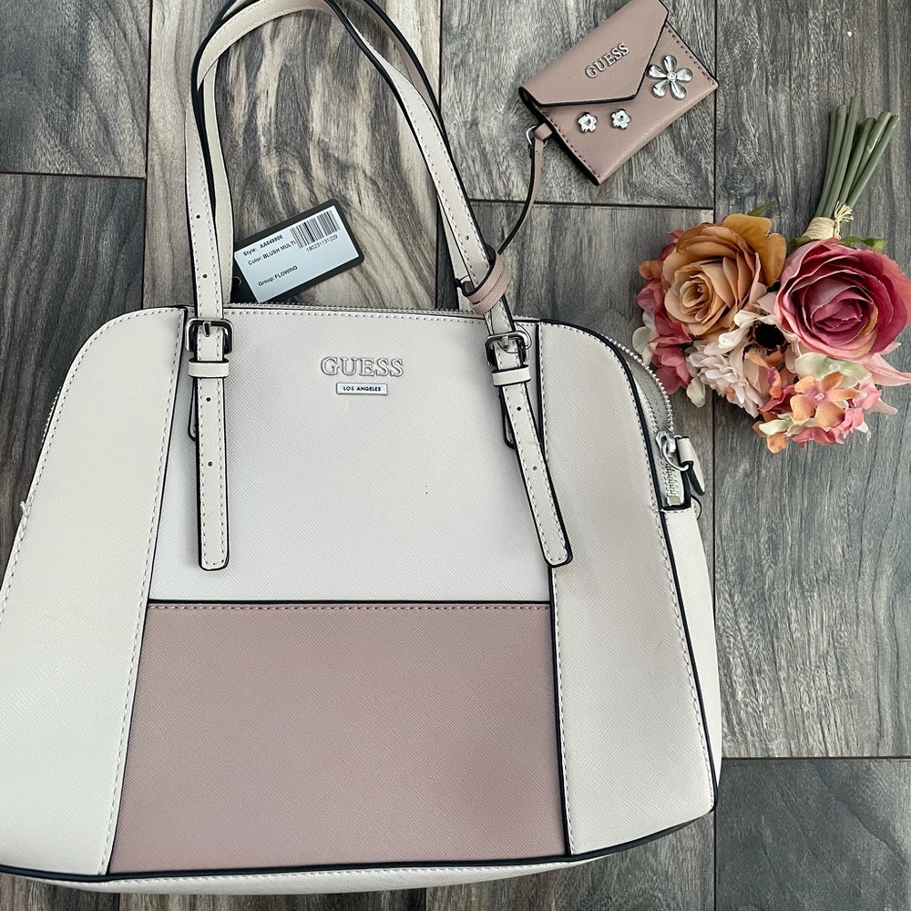 NEW GUESS FAUX HARD SAFFIANO SATCHEL+COIN POUCH
